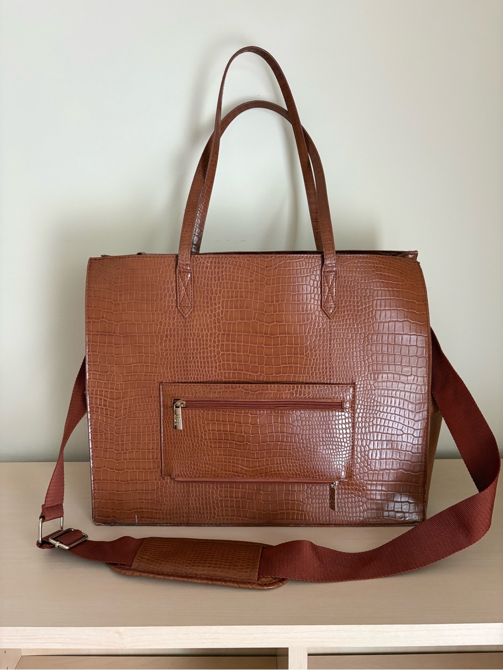 Beis Work Travel Bag Cognac Croc-Embossed Leather Tote Bag with Detachable Strap